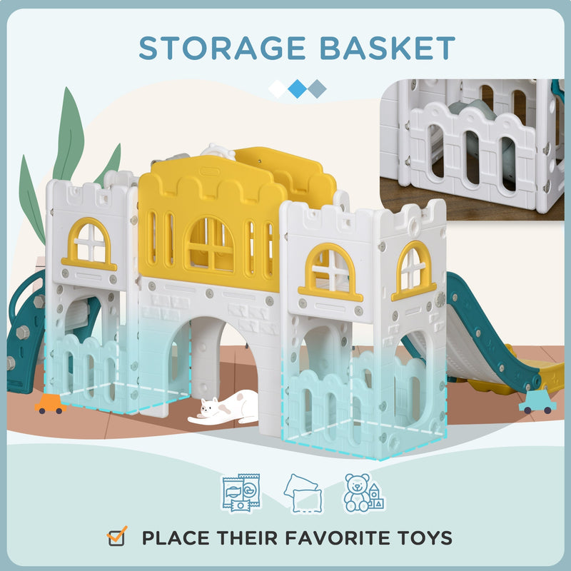 Storage area at the base of the play tower for toy storage