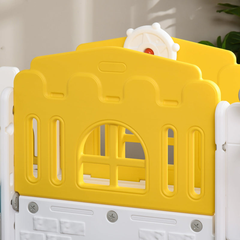 Close-up of the steering wheel and yellow tower panel