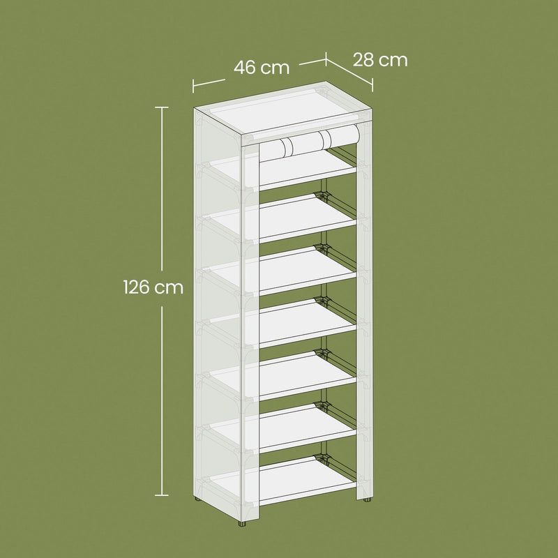 Dimensions diagram of Songmics 7-tier shoe rack, 28 x 46 x 126 cm