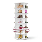White 7-tier rotating shoe tower holding shoes and bags with a 360 degree arrow