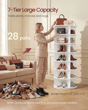 Woman placing a bag on the shoe tower, labelled for 28 pairs