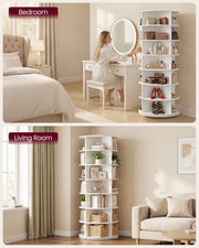 Tower used in a bedroom for make-up and in a living room for books and decor