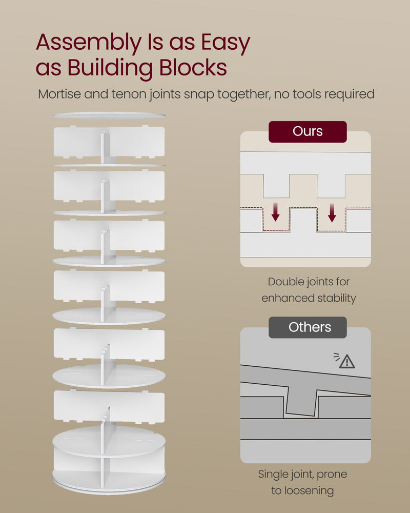 Diagram of the tool-free mortise and tenon joints that hold the tiers together