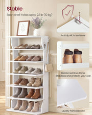 Shoe rack against a wall with anti-tip kit, reinforced back panel and 10 kg shelf load callouts