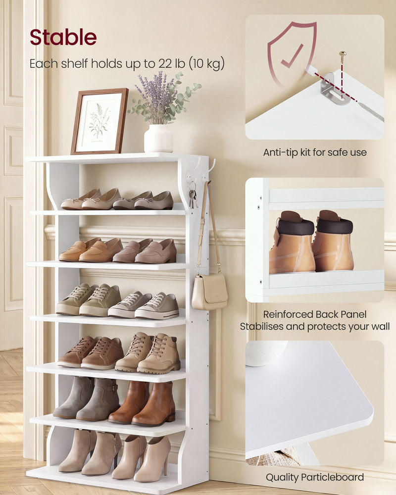 Shoe rack against a wall with anti-tip kit, reinforced back panel and 10 kg shelf load callouts