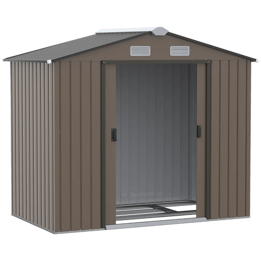 Image of a brown 7x4ft metal garden storage shed with double sliding doors and an apex roof