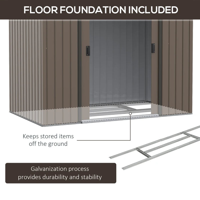 Image of a brown 7x4ft metal garden storage shed with double sliding doors and an apex roof