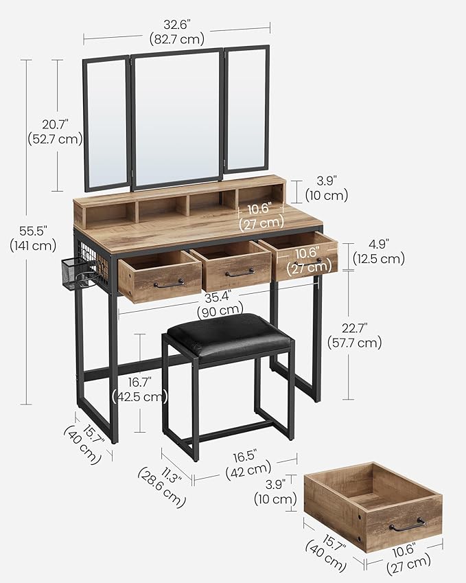 Vanity Dressing Table with Mirror and Padded Stool for Bedroom and Makeup by Vasagle