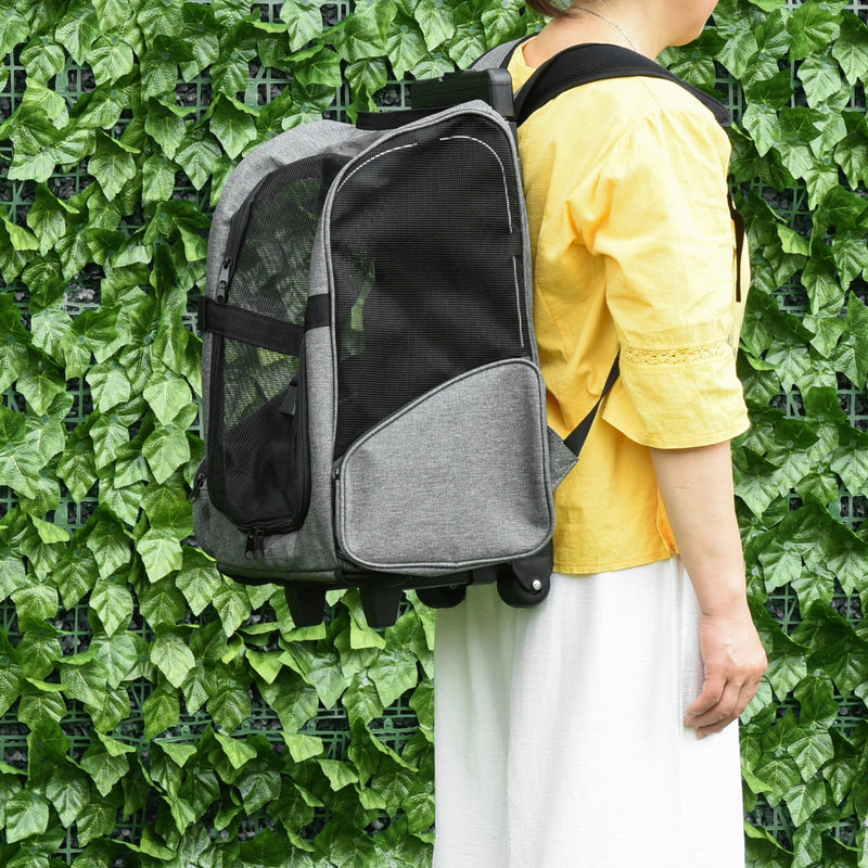 Pet Travel Backpack Trolley Carrier With Telescopic Handle For Cats And Small Dogs, Grey