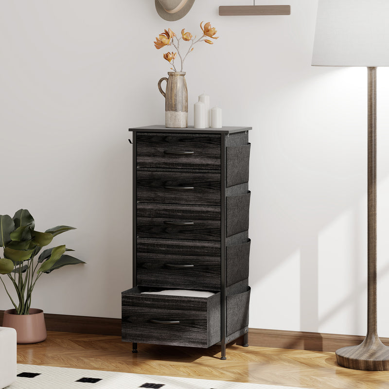 Chest of Five Fabric Drawers With Wooden Top for Bedroom or Hallway Storage Black