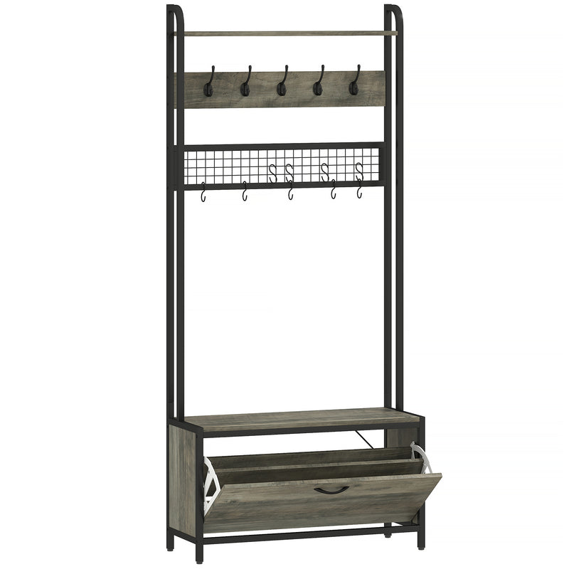 5 in 1 Industrial Hallway Coat Rack With Bench Shoe Storage And Hooks, Grey Black