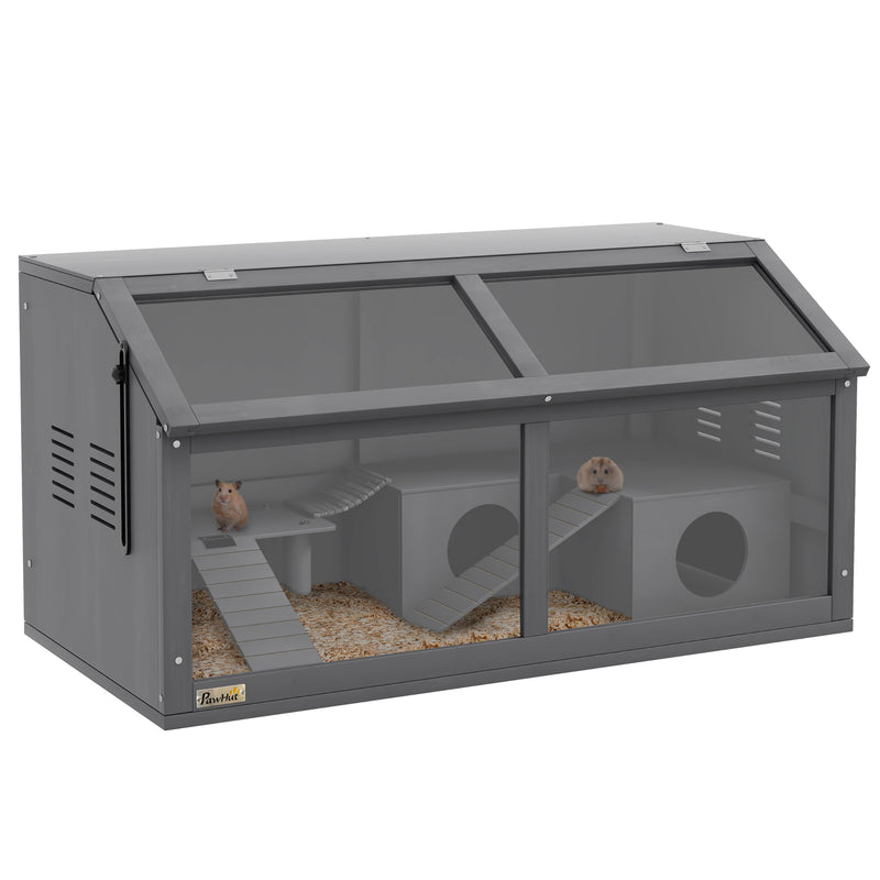 Wooden Hamster and Gerbil Cage with Suspension Bridge and Opening Top, Grey