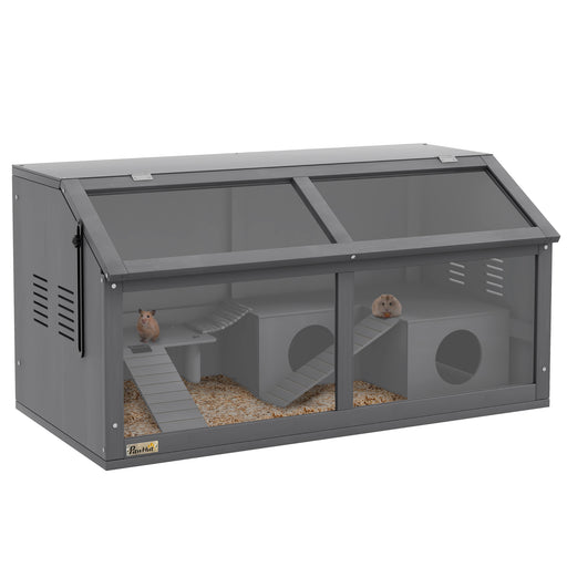 Wooden Hamster and Gerbil Cage with Suspension Bridge and Opening Top, Grey