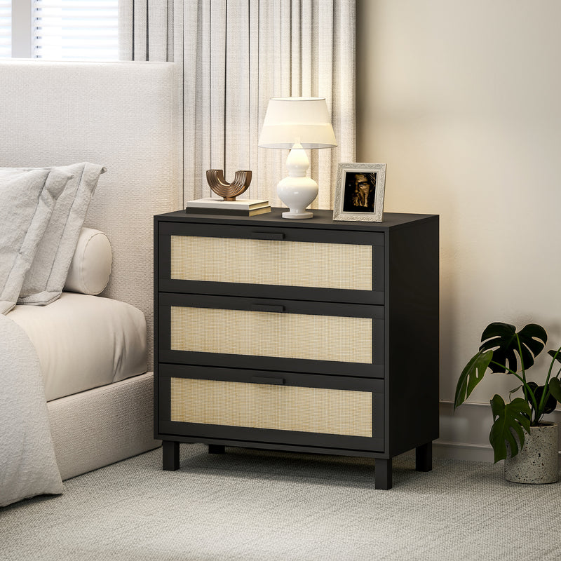 3 Drawer Rattan Chest of Drawers Boho Storage Unit for Bedroom or Hallway, Black