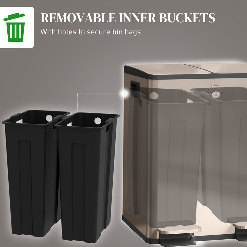 40L Dual Compartment Stainless Steel Bin with Deodoriser Holders Gold Tone by HOMCOM