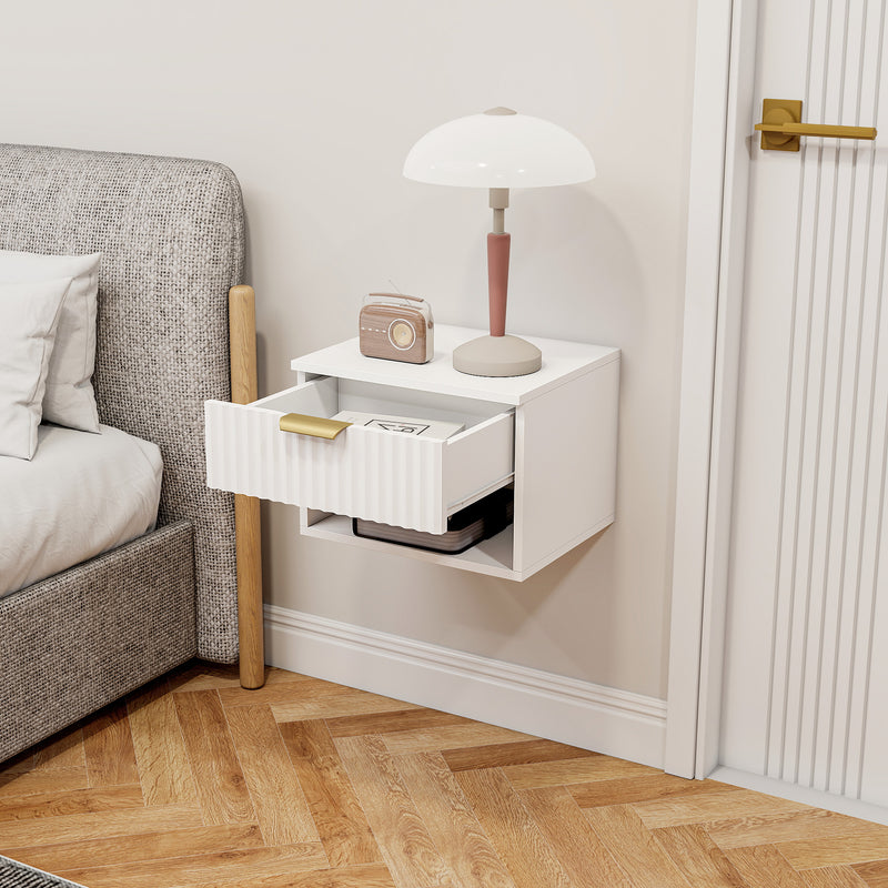 Set of 2 Wall Mounted Bedside Tables with Fluted Drawer and Shelf Ideal for Bedrooms White