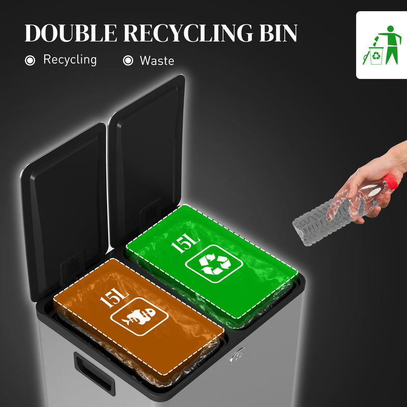 30L Dual Compartment Kitchen Recycling Bin with Deodoriser Holders Stainless Steel Silver