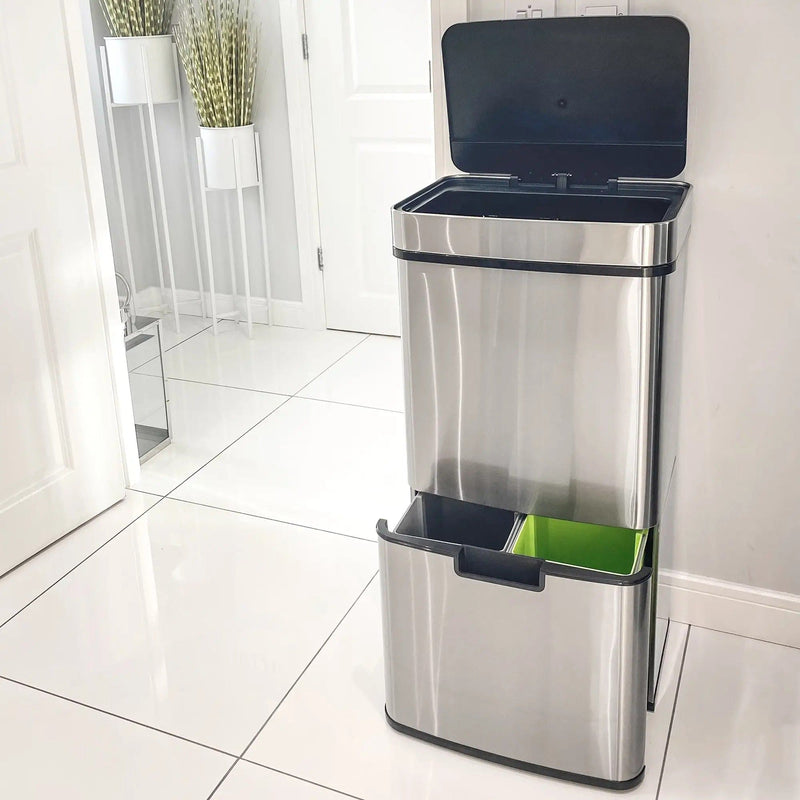 72L Kitchen Recycling Sensor Bin, Stainless Steel, 3-Compartment