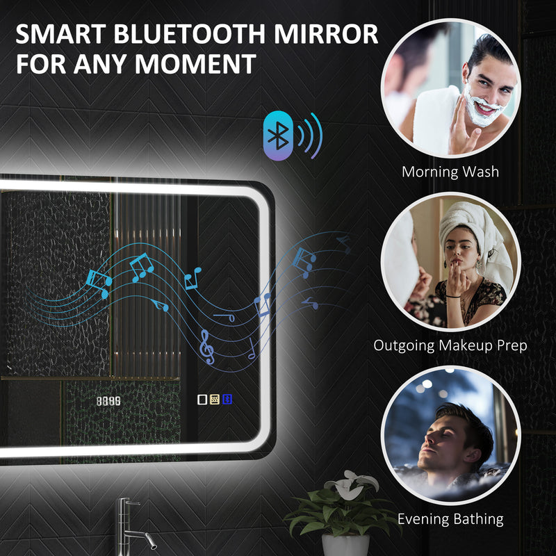 Bluetooth LED Bathroom Mirror with Clock and Anti-Fog 60 x 80 cm Silver Tone by HOMCOM