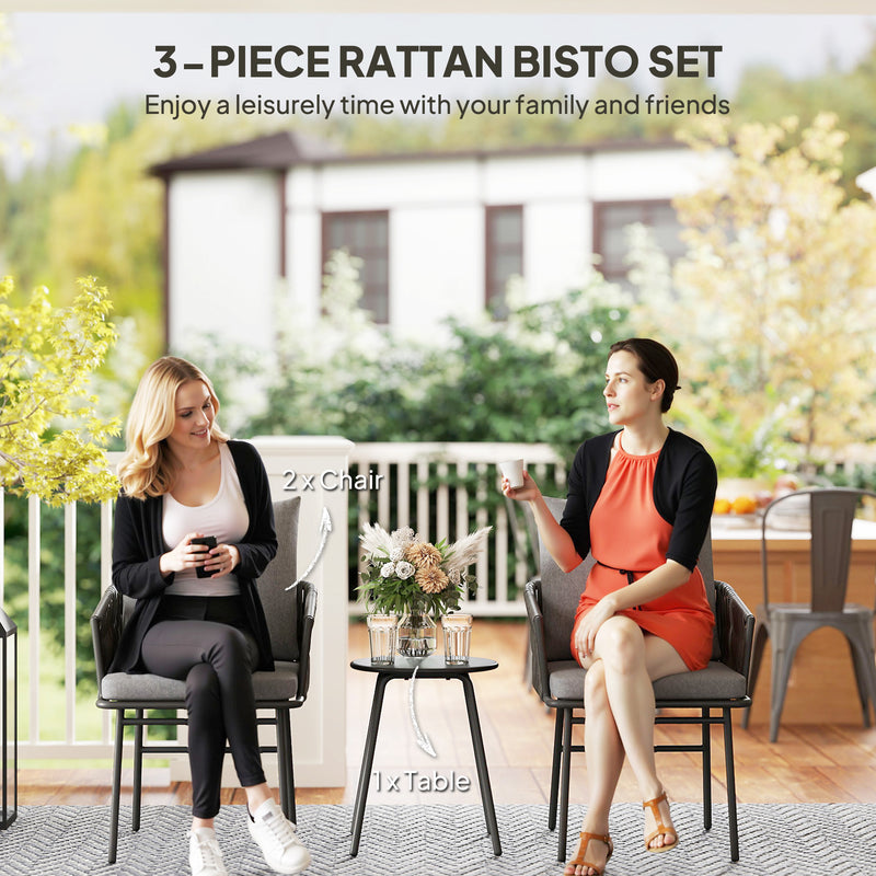 Grey 3 Piece Rattan Bistro Set with Cushions for Garden Balcony and Patio