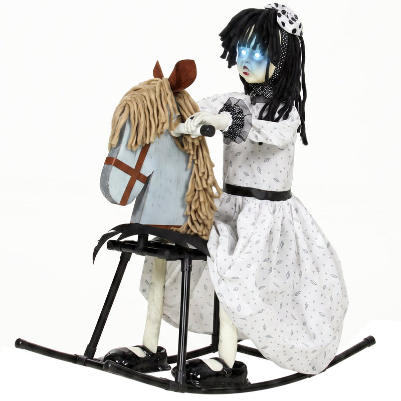 HOMCOM animated Halloween girl riding a rocking horse with glowing eyes and black hair