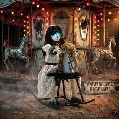 Animated Halloween girl riding horse staged on a haunted carousel