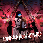 Animated girl riding horse staged at a derelict fairground, labelled sound and touch activated