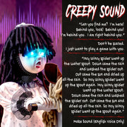 Close-up of the doll's face with spooky nursery rhyme lyrics displayed
