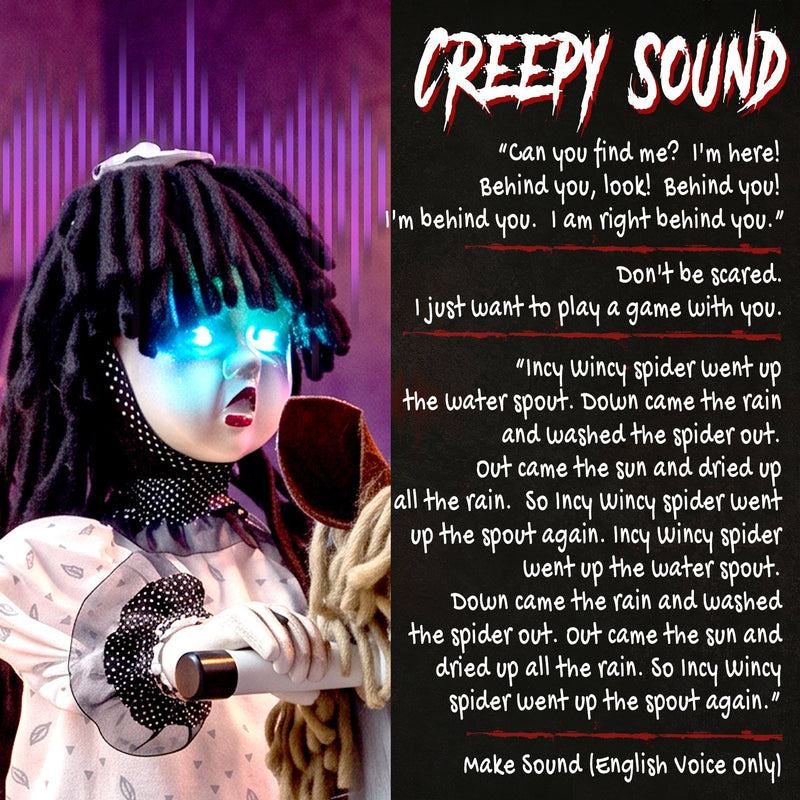 Close-up of the doll's face with spooky nursery rhyme lyrics displayed