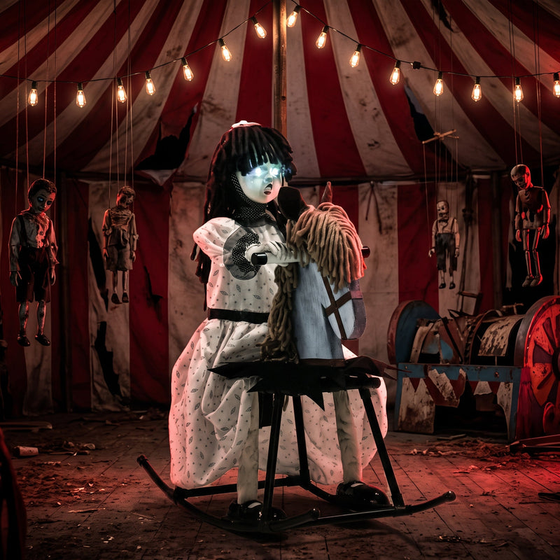 Animated girl riding horse staged inside a circus tent with hanging marionettes