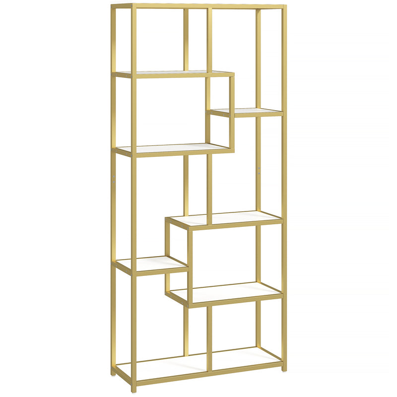 Elegant Gold Geometric Bookcase With 7 Tiered Open Shelves For Display And Storage, 80W x 30D x 180H cm