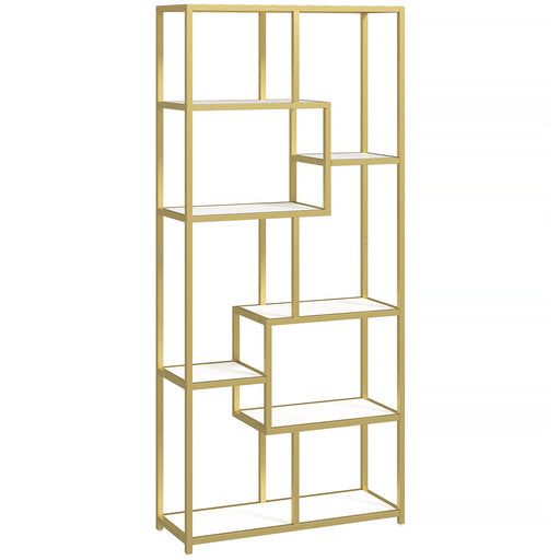Elegant Gold Geometric Bookcase With 7 Tiered Open Shelves For Display And Storage, 80W x 30D x 180H cm