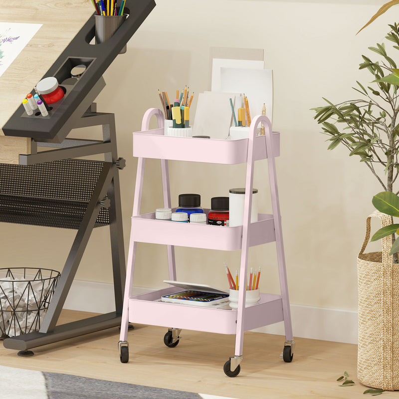 Pink Three Tier Rolling Storage Trolley with Wheels for Home or Office Use