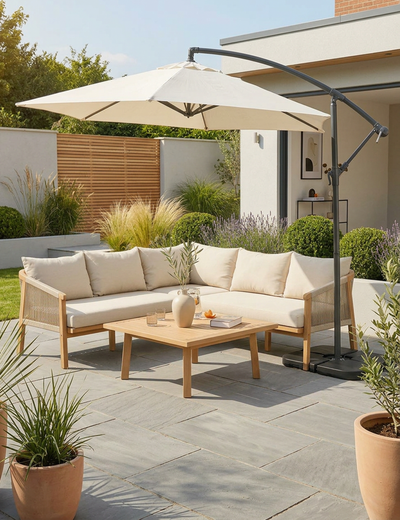 Outdoor patio with sectional sofa, coffee table, and umbrella on a sunny day.