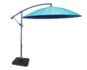 Aqua blue Shanghai cantilever parasol shading a garden dining set