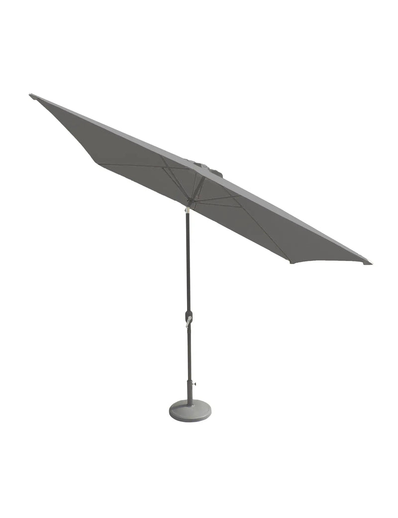 Grey rectangular parasol shading a garden dining table