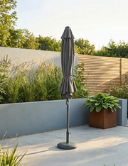 Grey rectangular crank and tilt parasol angled view
