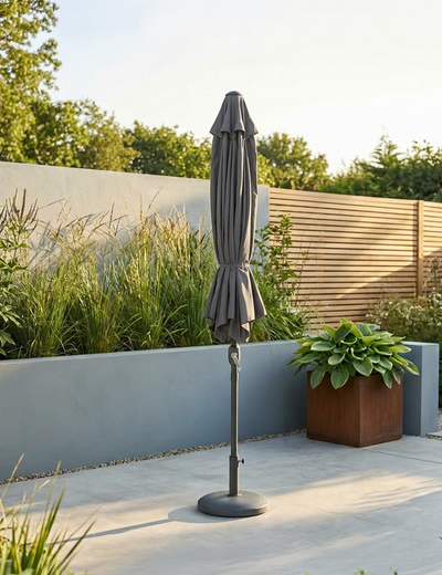 Grey rectangular crank and tilt parasol angled view