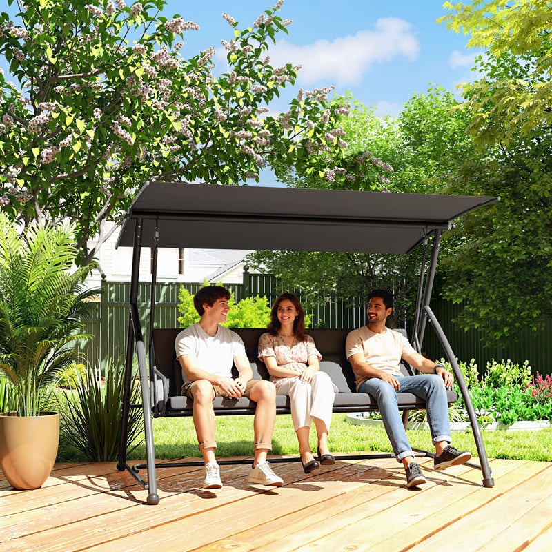 Patio Swing - 3 Seater Garden Swing Chair Lounger With Tilt Canopy And Cushions For Relaxing, Dark Grey