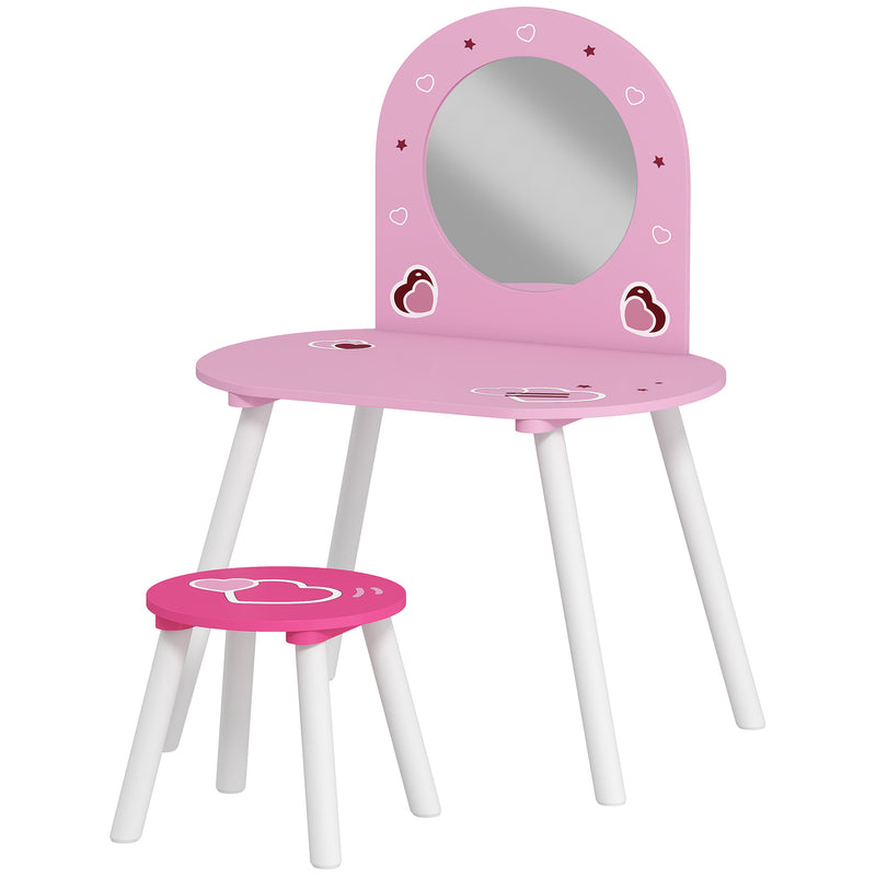 Kids Vanity Table with Mirror and Stool for Bedroom or Nursery Ages 3 to 6 Pink AOSOM
