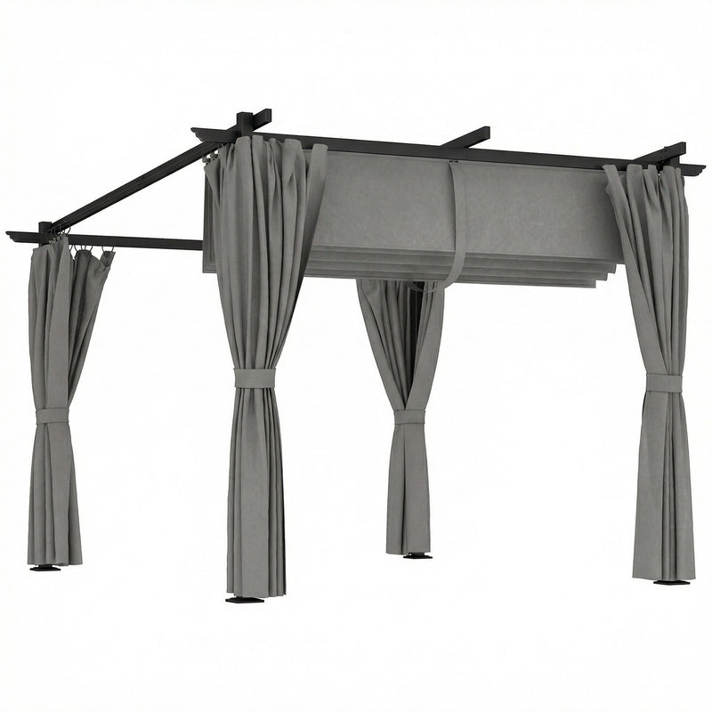 3x3m Metal Retractable Pergola With Side Curtains for Flexible Outdoor Shade, Grey