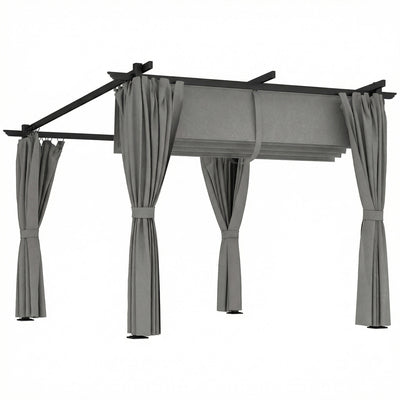 3x3m Metal Retractable Pergola With Side Curtains for Flexible Outdoor Shade, Grey Outsunny