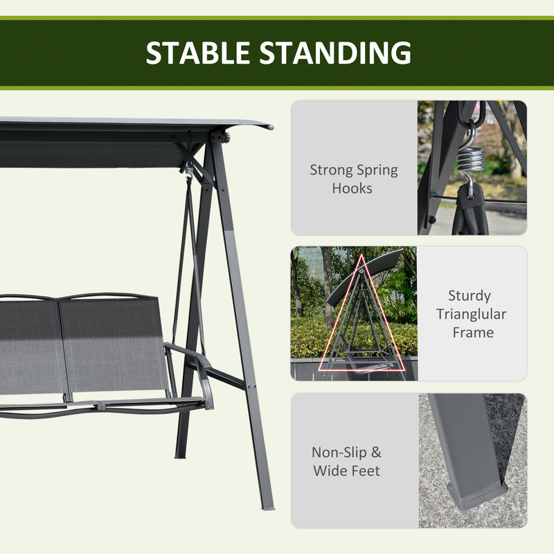 2 Seater Garden Swing Chair With Adjustable Canopy Shade And Metal Frame Dark Grey