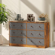 6 Drawer Fabric Chest of Drawers with Wooden Top for Bedroom Storage Grey and Rustic Brown