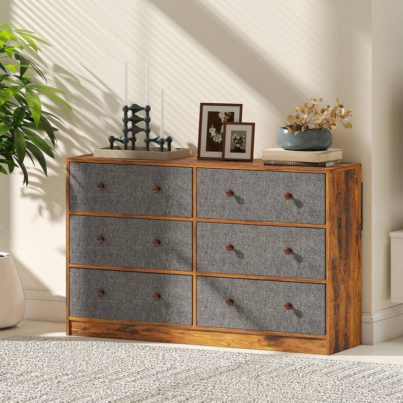 6 Drawer Fabric Chest of Drawers with Wooden Top for Bedroom Storage Grey and Rustic Brown
