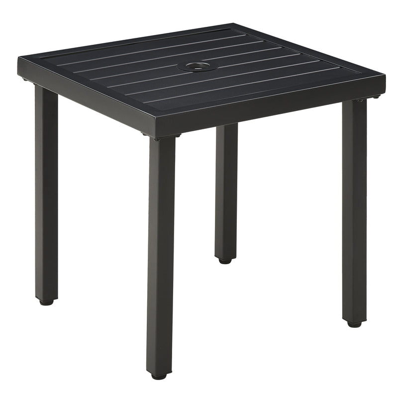 Black Steel Square Garden Side Table With Umbrella Hole For Patio Balcony Or Outdoor Use
