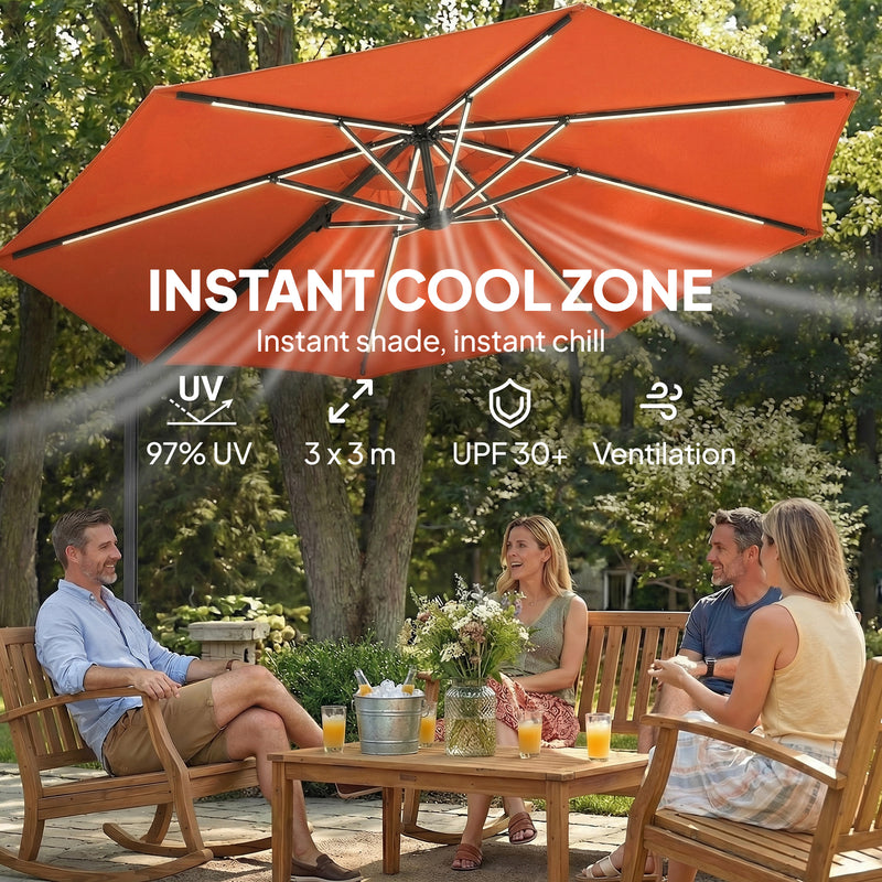 3m Cantilever Parasol Umbrella with Lights and Adjustable Shade For Patio or Garden, Orange