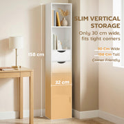 Slim Corner Bookcase with Shelves Drawers and Cabinet for Compact Home Storage White AOSOM