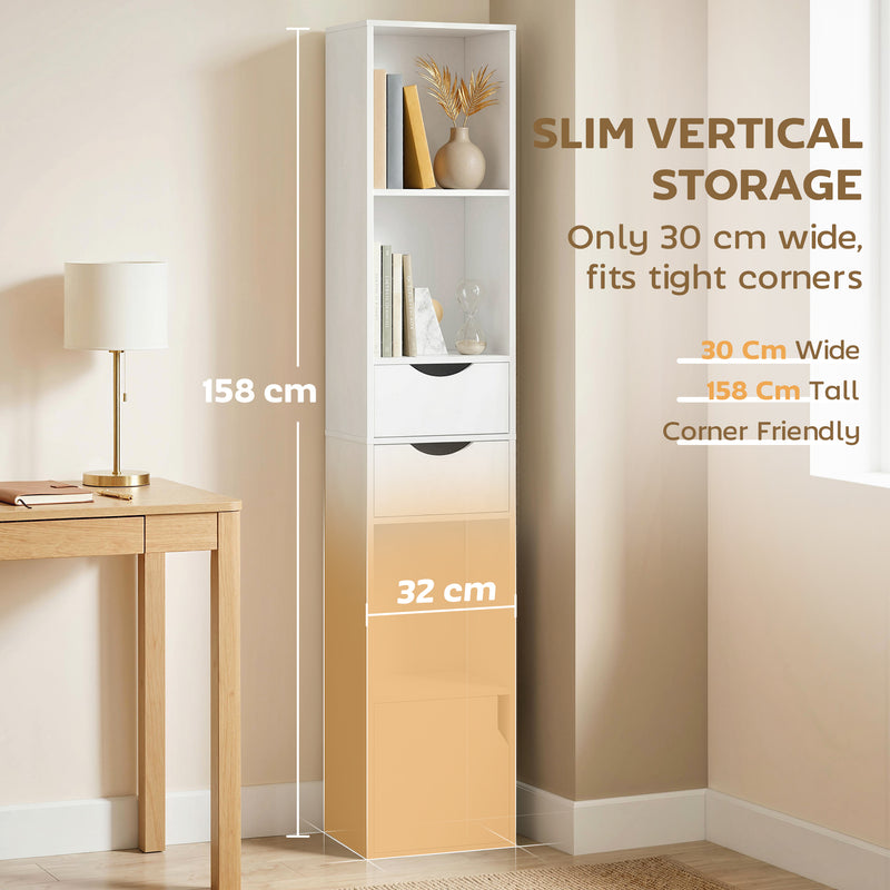 Slim Corner Bookcase with Shelves Drawers and Cabinet for Compact Home Storage White AOSOM