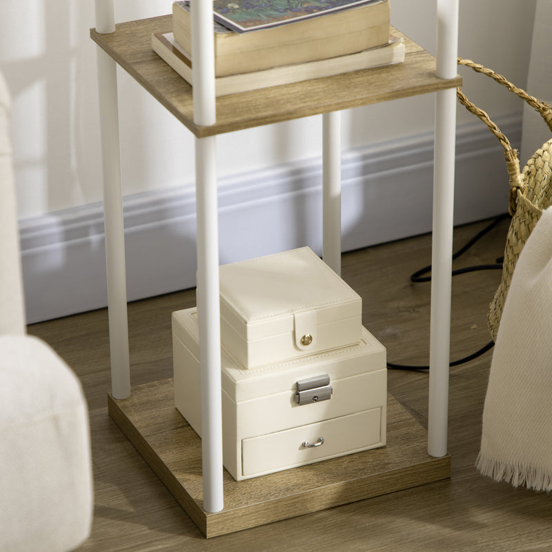 Tall Floor Lamp With Shelves And Fabric Shade For Living Room Or Bedroom, White